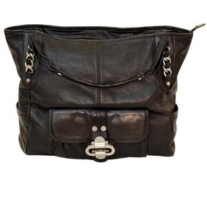 B. Makowsky Black Leather Slouchy Tote Bag Silver HW Chain Strap Leopard Lining